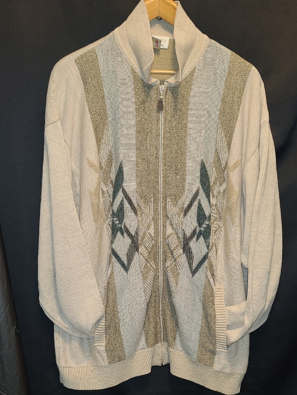 Vintage ARNOLD PALMER Geometric Zip-Up Knit Cardigan in Beige and Olive